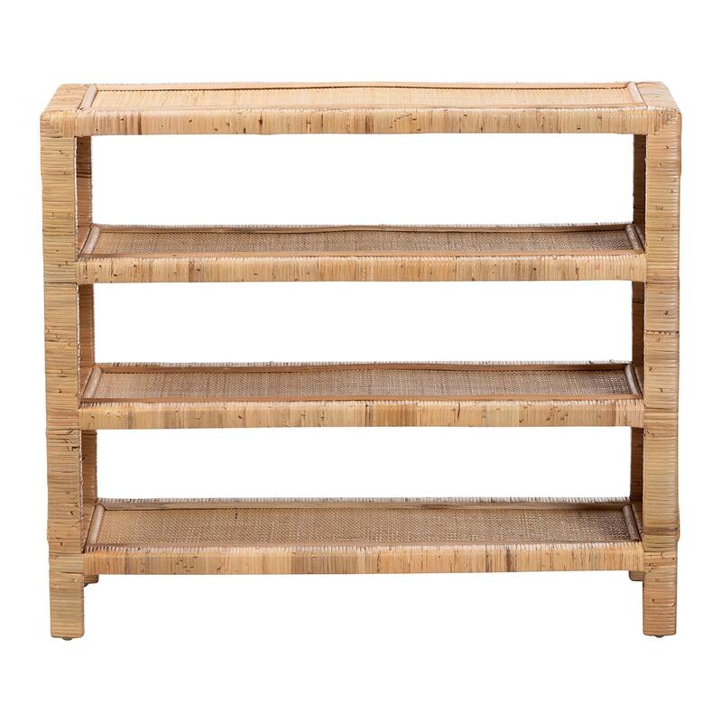 Abelia Natural Rattan 4-Tier Display Shelf - Handwoven Boho Coastal Bookcase or Entryway Storage, Lightweight Wicker Accent