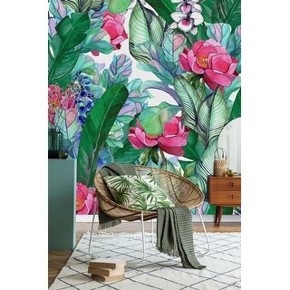 Green Leaves Wallpaper with Pink Flowers - Bed Bath & Beyond - 35647432