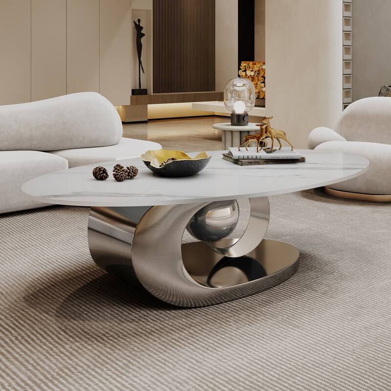 49 Inch Marble Top Coffee Table with Stainless Steel Base - Silver