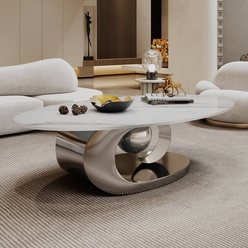 Marble Coffee Table with Sculptural Stainless Steel Base