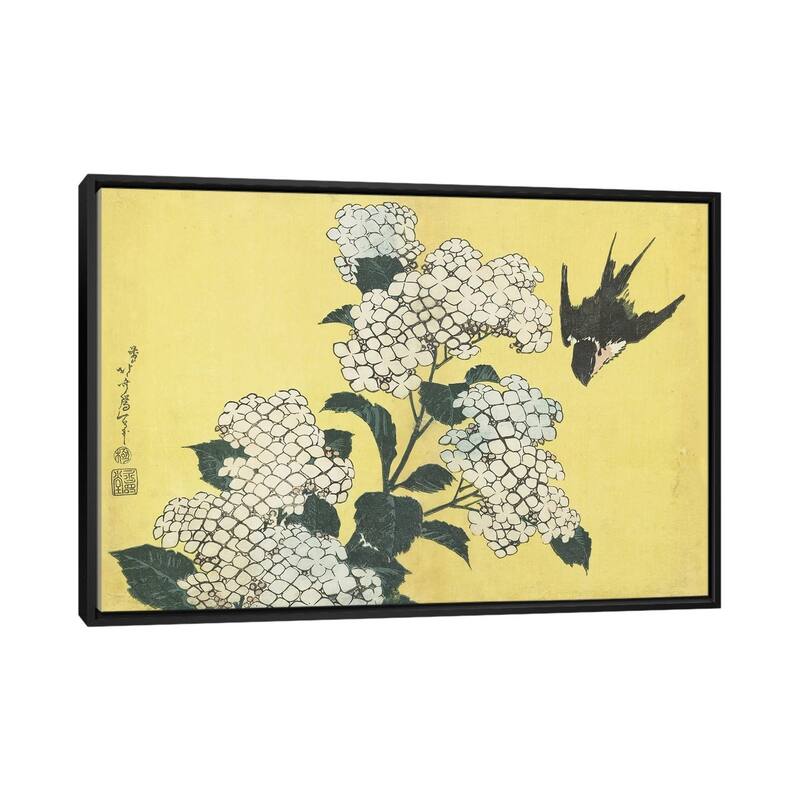 iCanvas "Hydrangea And Swallow, c.1832" by Katsushika Hokusai Framed Canvas Print - Black - 26x40