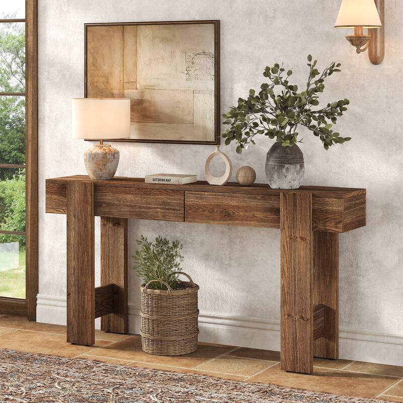 63" Long Solid Wood Console Table, Entryway Table with 2 Drawers, Sofa Table for Entrance, Hallway, Living Room