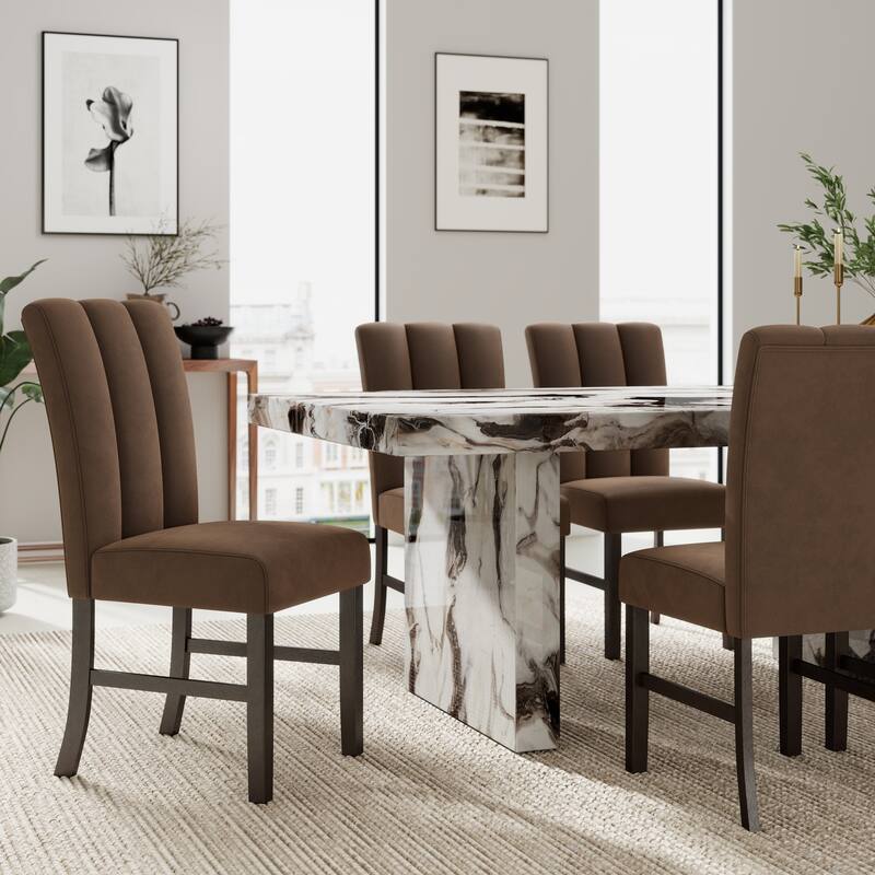 Roundhill Furniture Cavira 7-Piece Modern Faux Marble Dining Set, Double Pedestal Table with 6 Upholstered Chairs
