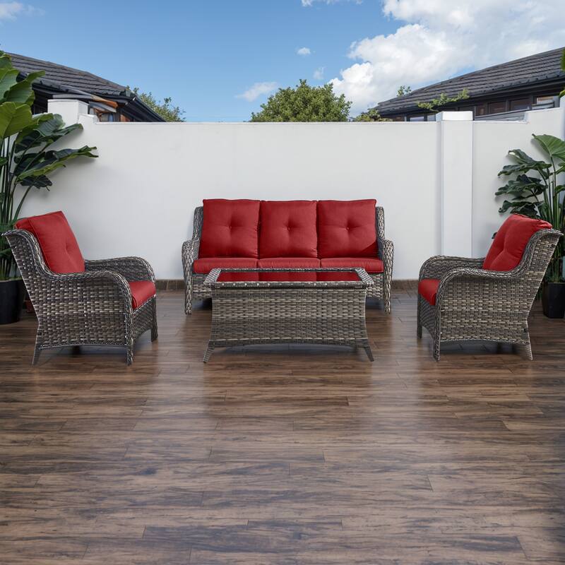 Gymojoy 4-Piece Outdoor Patio Sofa Chair with Coffee Table - Grey - Red