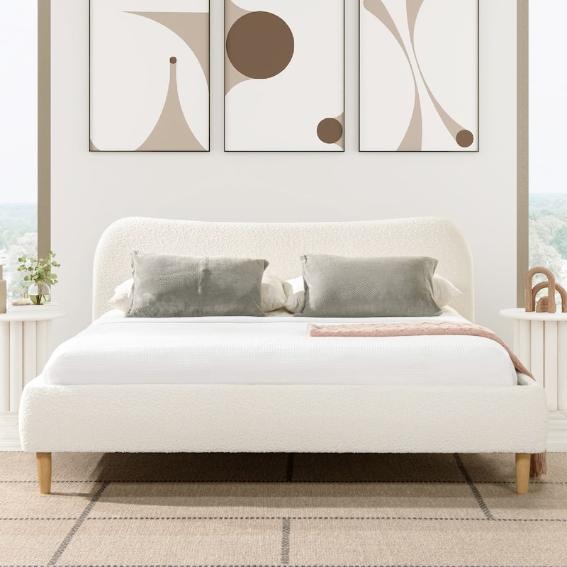 Roman Boucle Sherpa Curved Headboard Modern Platform Bed - Ivory White Boucle - King