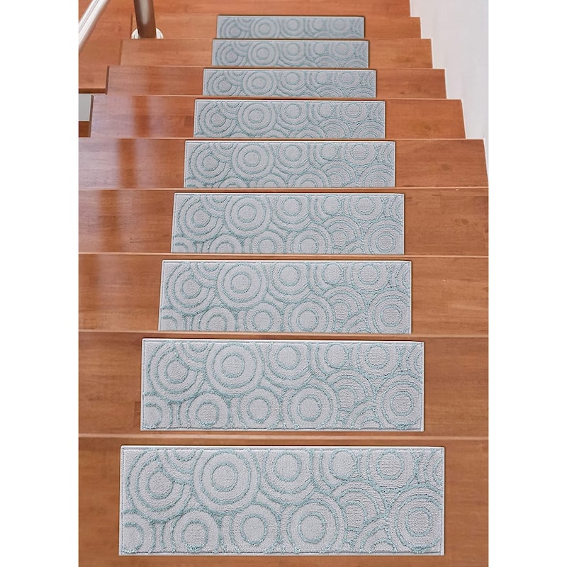 Beverly Rug Indoor Non Slip Carpet Stair Treads w/ Installed Tape 9"x 28" Circles Grey / Teal