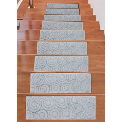 Beverly Rug Indoor Non Slip Carpet Stair Treads w/ Installed Tape 9"x 28" Circles Grey / Teal