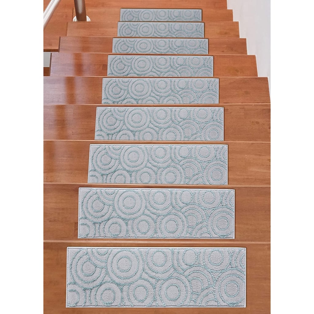 Beverly Rug Indoor Non Slip Carpet Stair Treads w/ Installed Tape 9"x 28" Circles Grey / Teal