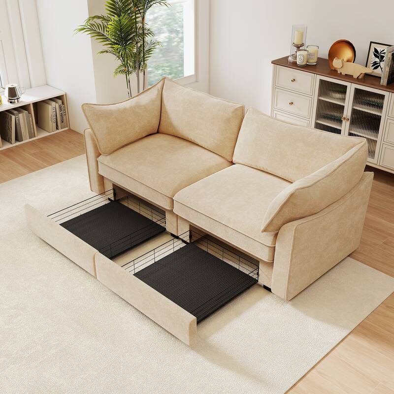 GDFStudio - Chenille 2-Seater 78.7" Sofa with Pull-Out Storage and Crescent Arms - Wheat