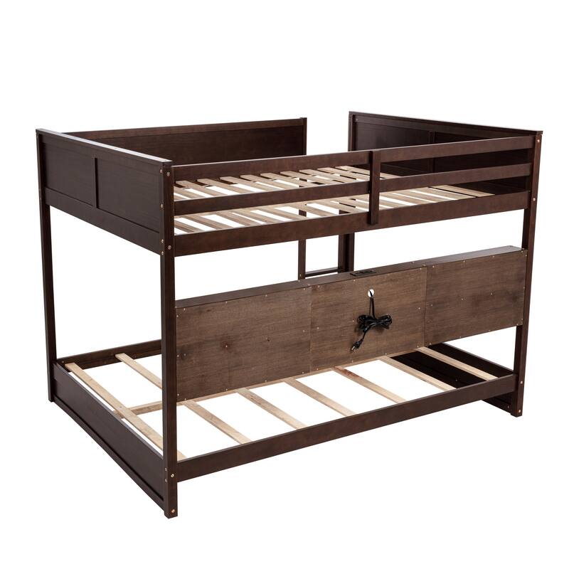 Queen Over Queen Bunk Bed with Built-in Storage Cabinets,Charging Station,Ladder,Safety Guardrails,Solid Pine Wood Bunk Bed