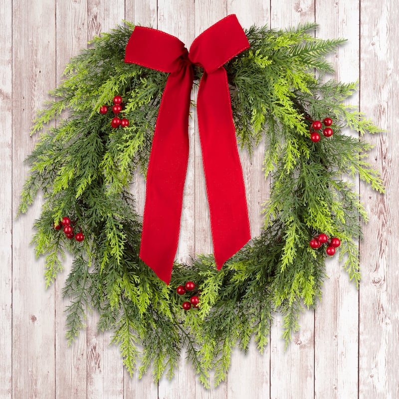 National Tree Company 2 ft. Artificial Feel Real Christmas Classic Wreath with Red Berries, Cypress Tips, and a Red Bow - 2 ft
