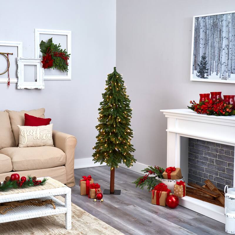 5' Grand Alpine Artificial Christmas Tree with 200 Clear Lights and 469 Bendable Branches on Natural Trunk