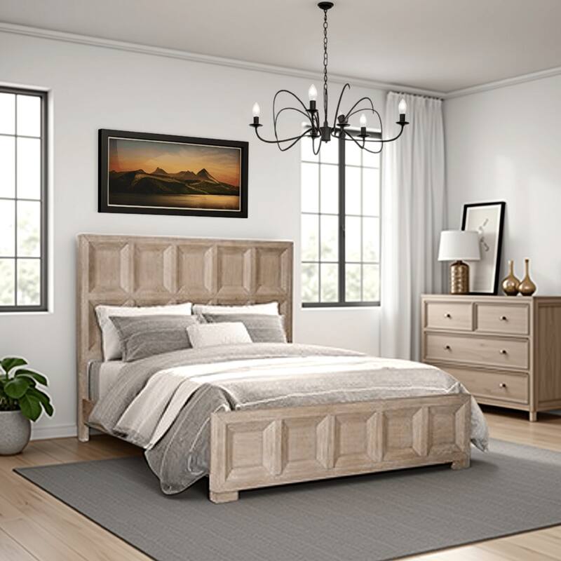 Kizie King Size Bed, Modern Classic Recessed Panels, Beige Solid Wood