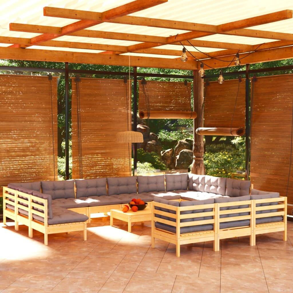 vidaXL Solid Pinewood Patio Lounge Set 14 Piece with Cushions Multi Colors