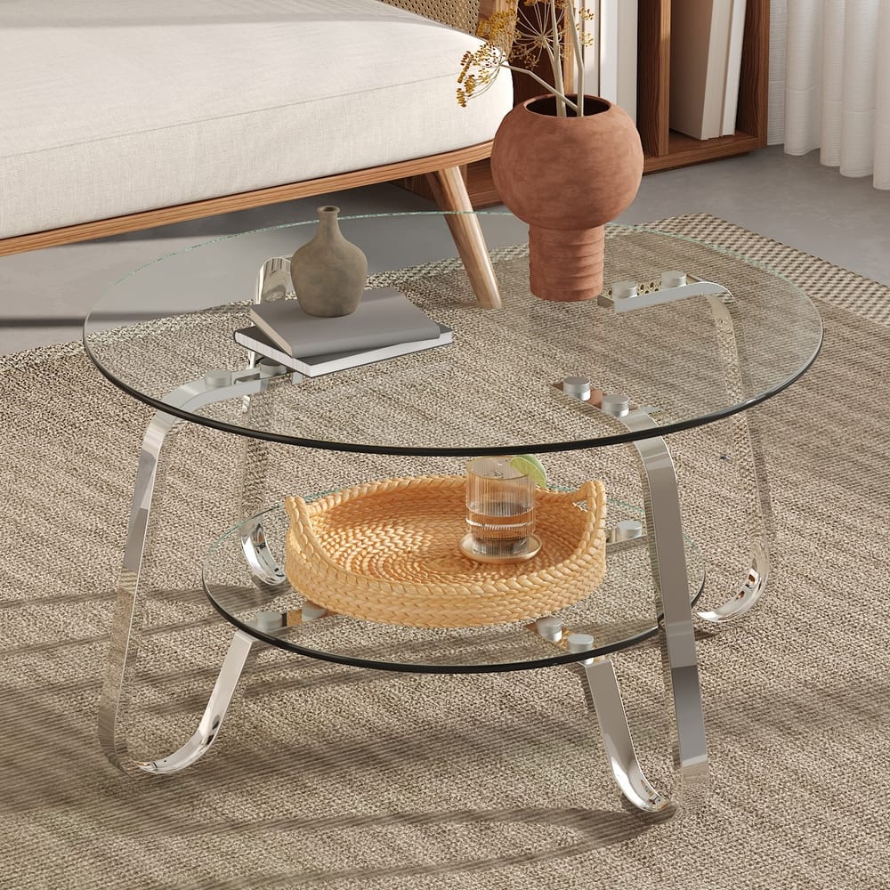 Retro Metal Frame Coffee Table with Double Layer Tempered Glass Minimalist Design
