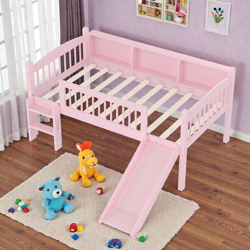 Twin XL/Twin Wood Loft Bed with Storage Shelves, LED Lights, Full-Length Guardrails & Solid Wood Frame, No Box Spring Needed