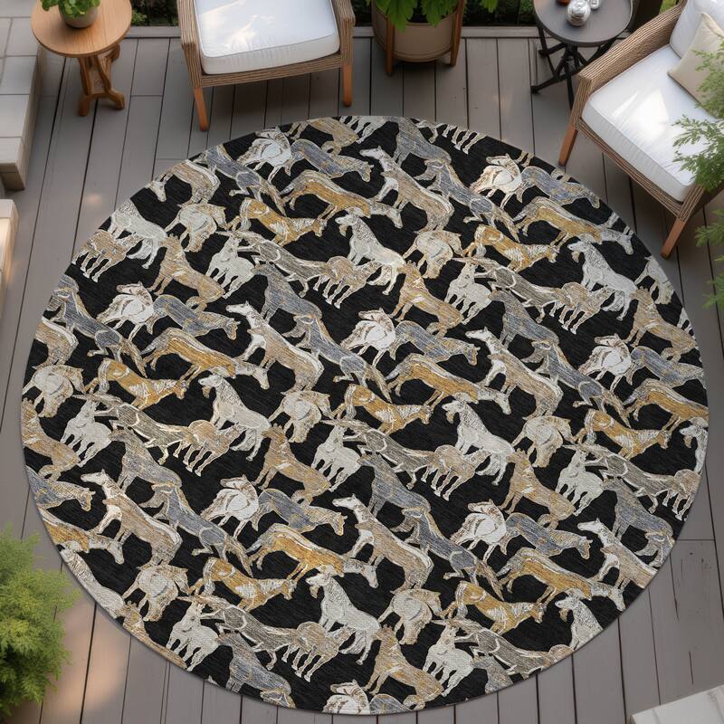 Machine Washable Indoor/ Outdoor Horse Herd Chantille Rug - Black - 8' x 8'
