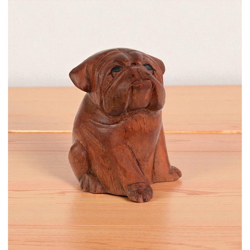 5" Wooden Hand Carved English Bulldog Figurine Statue Sculpture - 5" tall x 4" wide x 3.5" deep
