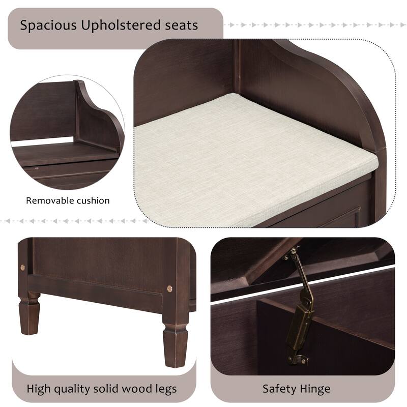 41.9" Rustic Style Solid wood Entryway Multifunctional Storage Bench with Safety Hinge