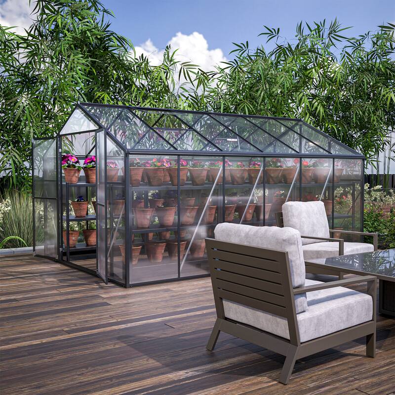 8' x 12' Outdoor Greenhouse, Heavy Duty Polycarbonate Greenhouse, Large Walk-in Greenhouse with Double Doors
