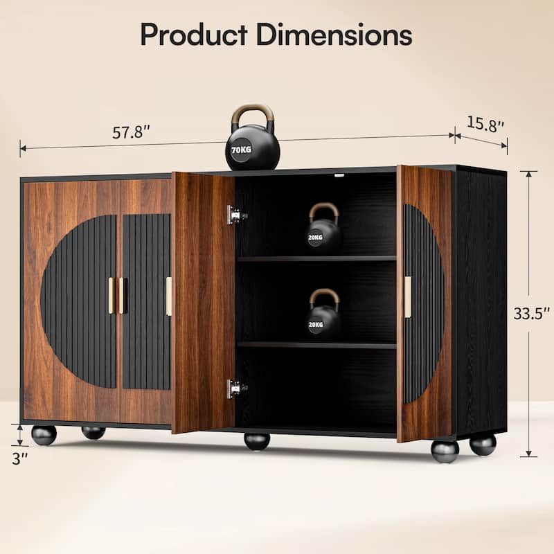 Modular Fluted Buffet Cabinet with Storage, Small Sideboard Table - Dark Walnut Full Size 