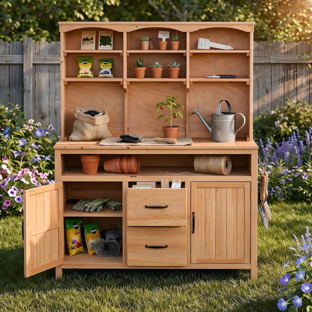 Roomfitters Outdoor Garden Potting Bench with Storage Hutch, Potting Table with Drawers and Cabinets, Shelves