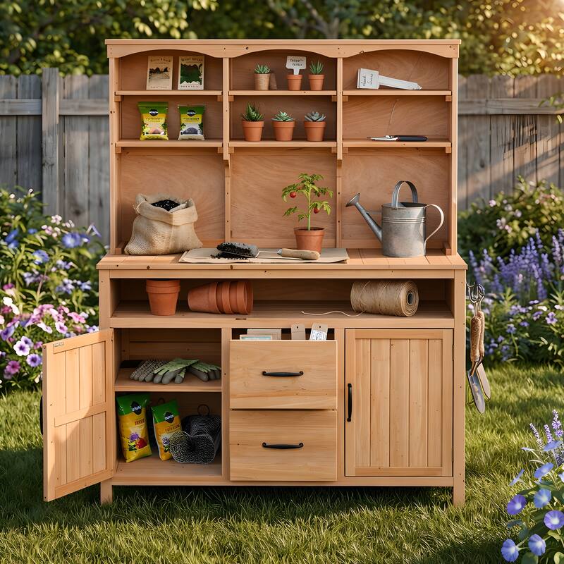 Roomfitters Outdoor Garden Potting Bench with Storage Hutch, Potting Table with Drawers and Cabinets, Shelves - Tan