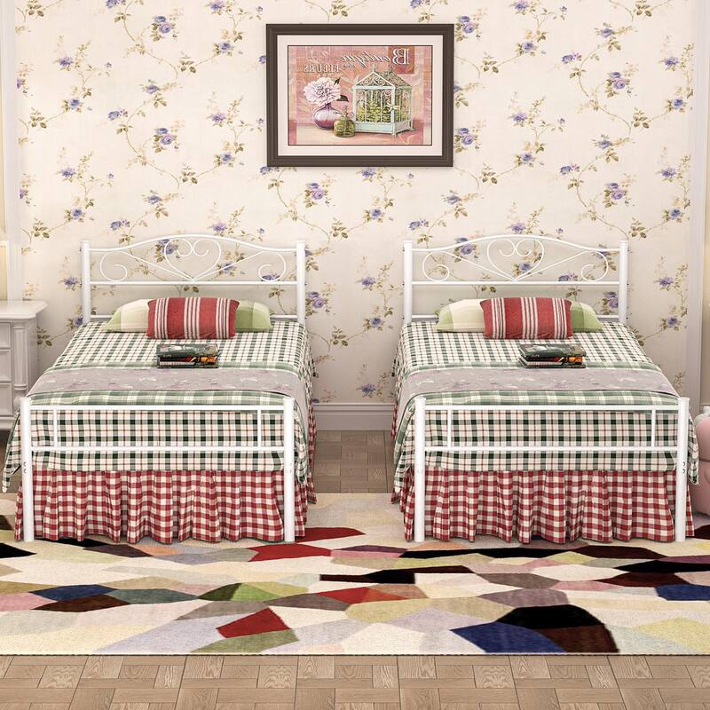 VECELO Twin Size Metal Bed Frame Set of 2, Heavy Duty Platform Beds with Headboard, No Box Spring Needed, Under Bed Storage - White - Twin