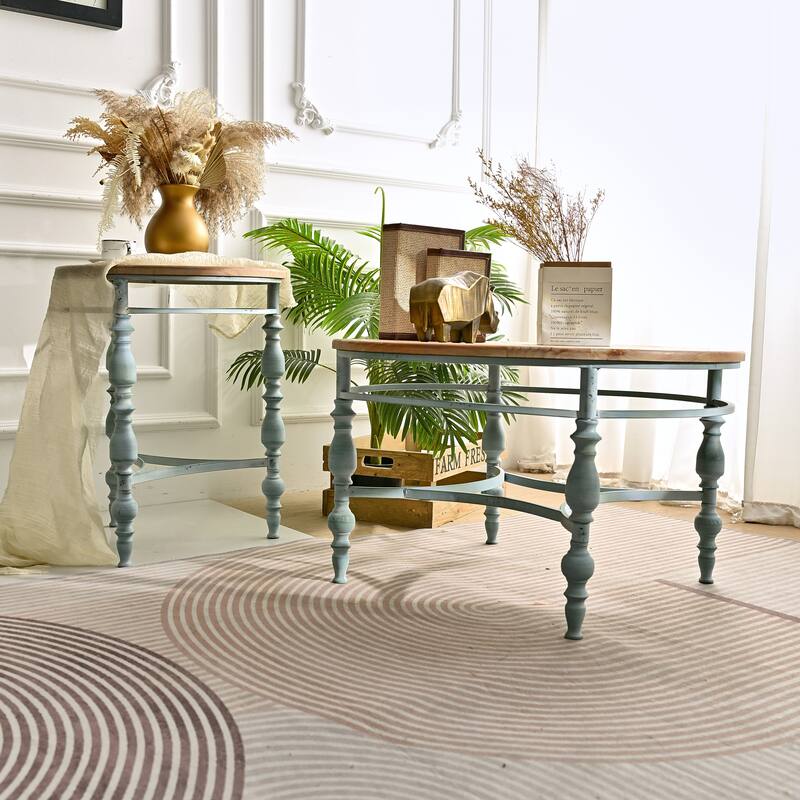 Easy Assembly 20.08" Accent Rustic Wooden Carved Coffee Table, Round Wooden Top Metal Leg Round End Table For Living Room