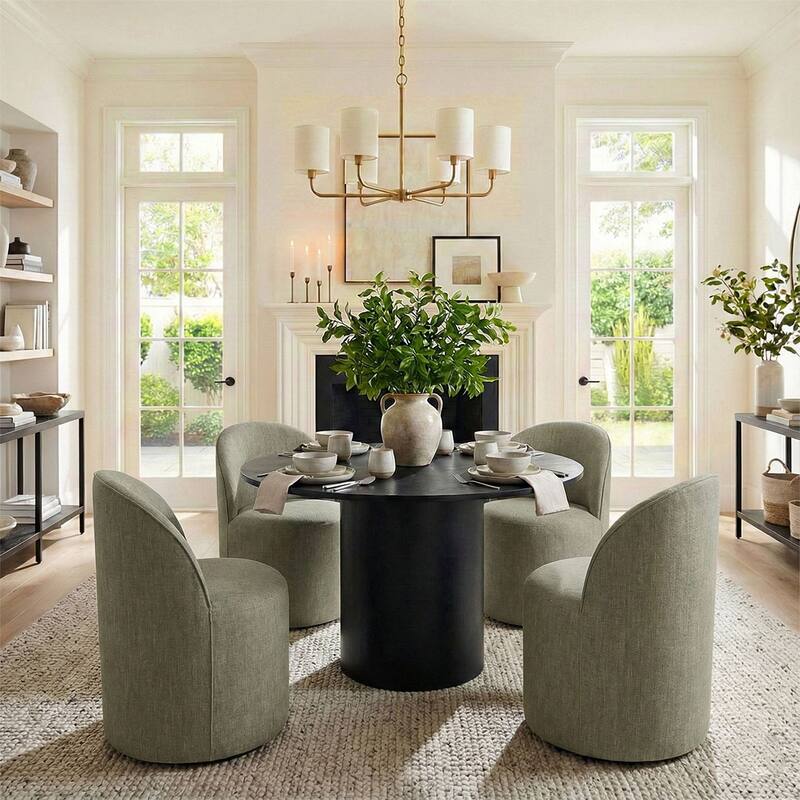 Upholstered Barrel Linen Dining Chair with Casters(Set of 4) - Set of 4 - Green