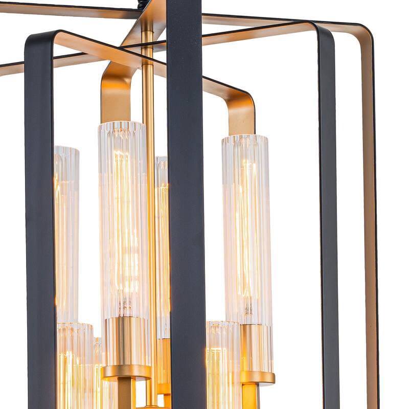 19.7" 8-Light Modern Black Gold Pendant Light with Ribbed Glass Tubes - Dia.19.5-in