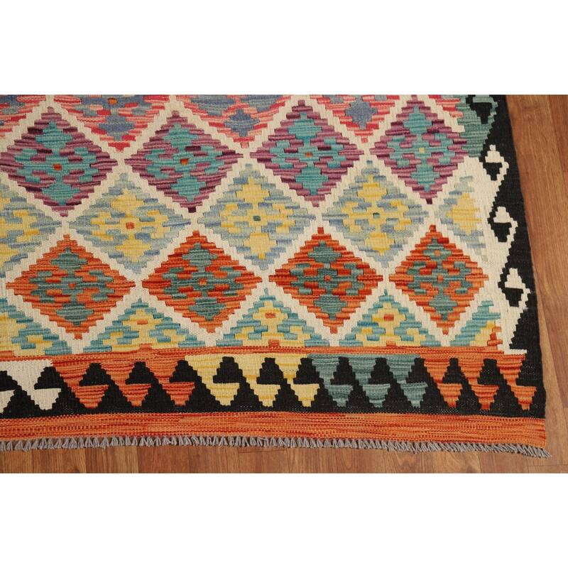 All-Over Trellis Kilim Area Rug Flatweave Wool Carpet - 8'3" x 9'10"