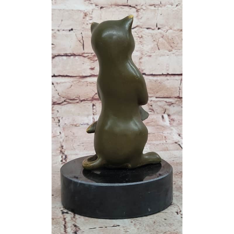 Whimsical Imitative Cat Playing Clarinet Bronze Sculpture On Marble Base