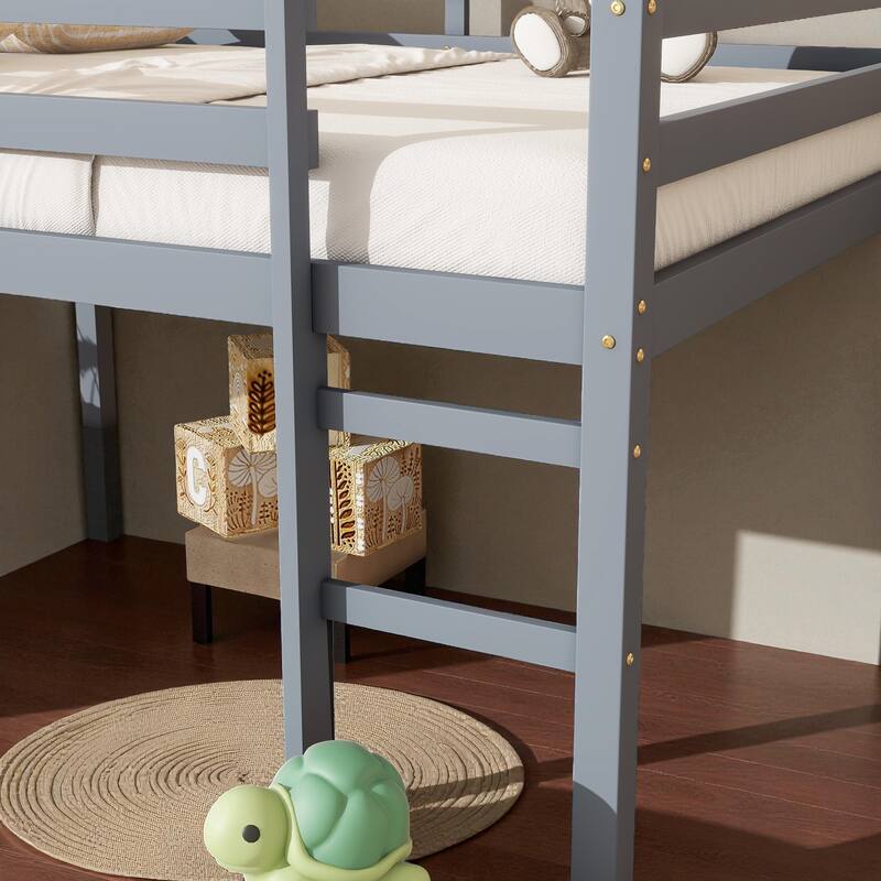 Full Size Loft Bed with Ladder, Solid Rubber Wood Frame Low Height Design with Guard Rails and Under-Bed Storage Space