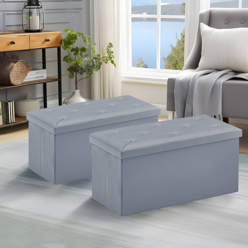 2 PC Storage Folding Ottoman, Storage Footrest Stool, Faux Leather Storage Bench Cube with Padded Seat for Small Space - 30" x 14.76" - Grey