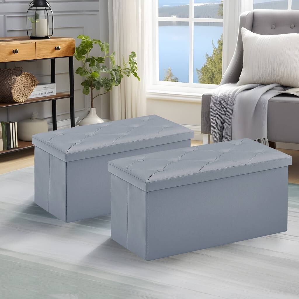 2 PC Storage Folding Ottoman, Storage Footrest Stool, Faux Leather Storage Bench Cube with Padded Seat for Small Space