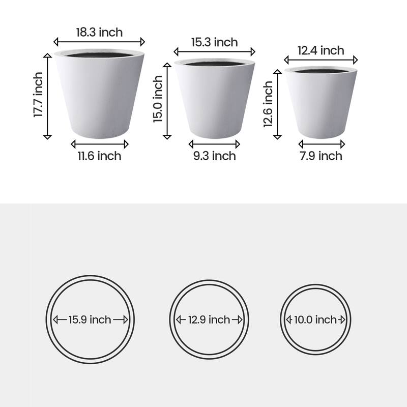 Plantara 18", 15" & 13" D Solid White Concrete Plant pot(Set of 3), Modern Round planter, Outdoor Flower pot for Garden