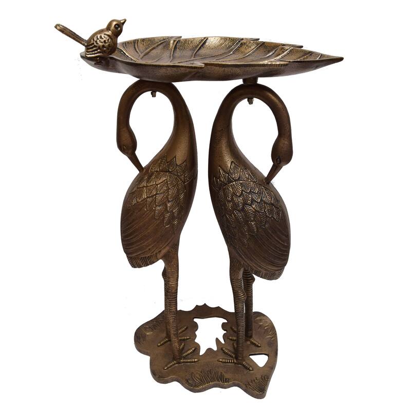 Cast Aluminum 30-in Twin Crane Bird Bath with Leaf Bowl
