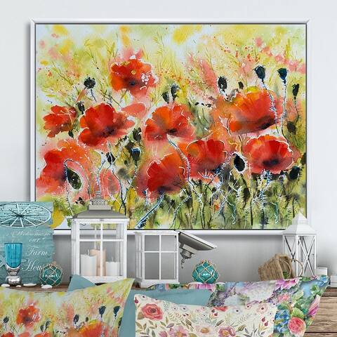 Designart "Color Red Poppy Flowers" Traditional Framed Canvas artwork