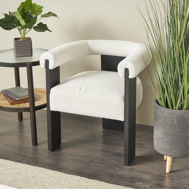 Cream Polyester Curved Back Mid Century Modern Round Boucle Living Room Accent Chair with Brown, Light Brown or Black Wood Frame - Cream/Black