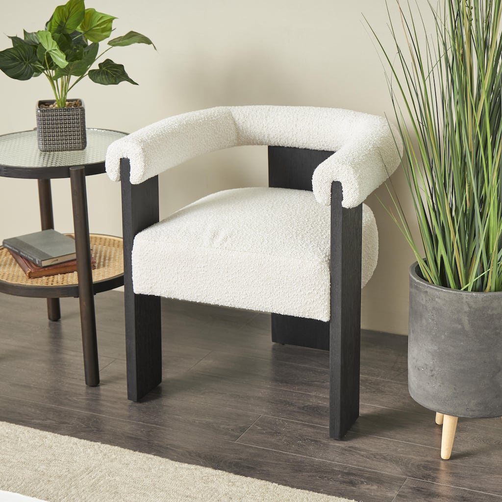 Cream Polyester Curved Back Mid Century Modern Round Boucle Living Room Accent Chair with Brown, Light Brown or Black Wood Frame