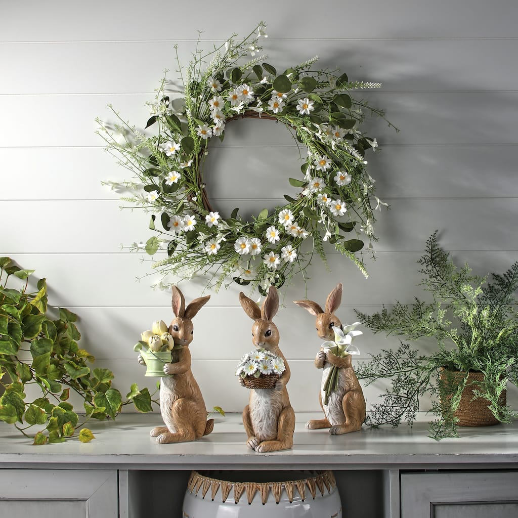 11.5" Resin Bunny With Floral Bouquet Set of 3