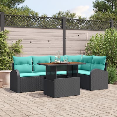 vidaXL 6 Piece Garden Sofa Set with Cushions Black Poly Rattan - 92.1×48.8×27.2