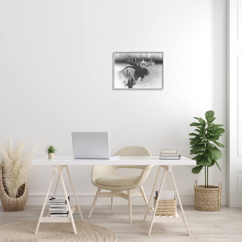 Stupell Moose in Rustic Forest Realistic Pencil Drawing Framed Wall Art - Grey