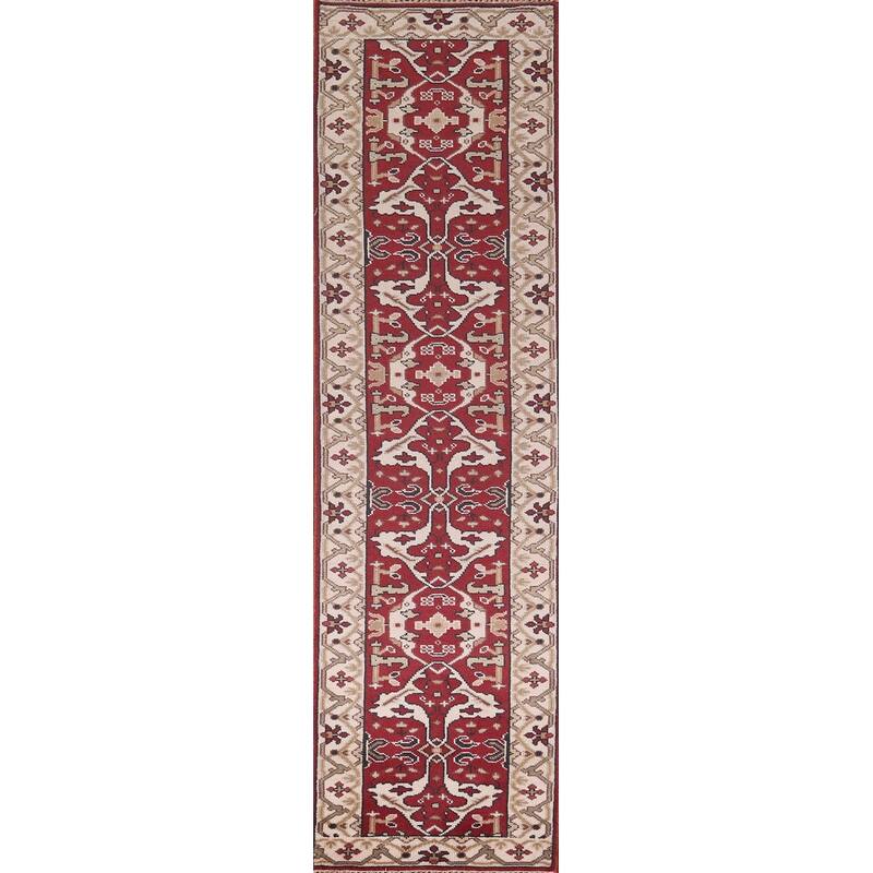 Red & Ivory Oushak Oriental Runner Rug Handmade Floral Wool Carpet - 2'7"x 11'5"
