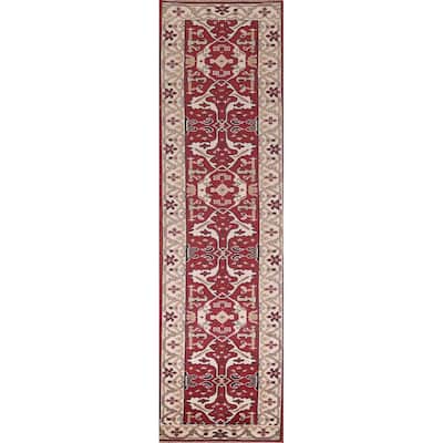 Red & Ivory Oushak Oriental Runner Rug Handmade Floral Wool Carpet - 2'7"x 11'5"