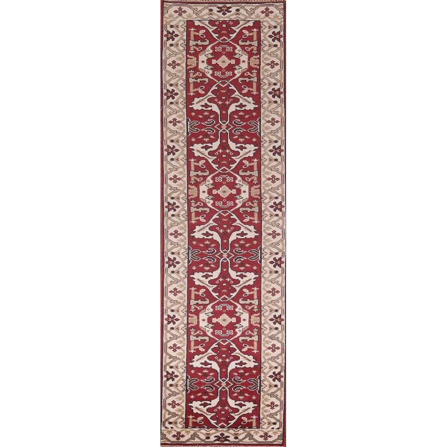 Red & Ivory Oushak Oriental Runner Rug Handmade Floral Wool Carpet - 2'7"x 11'5"