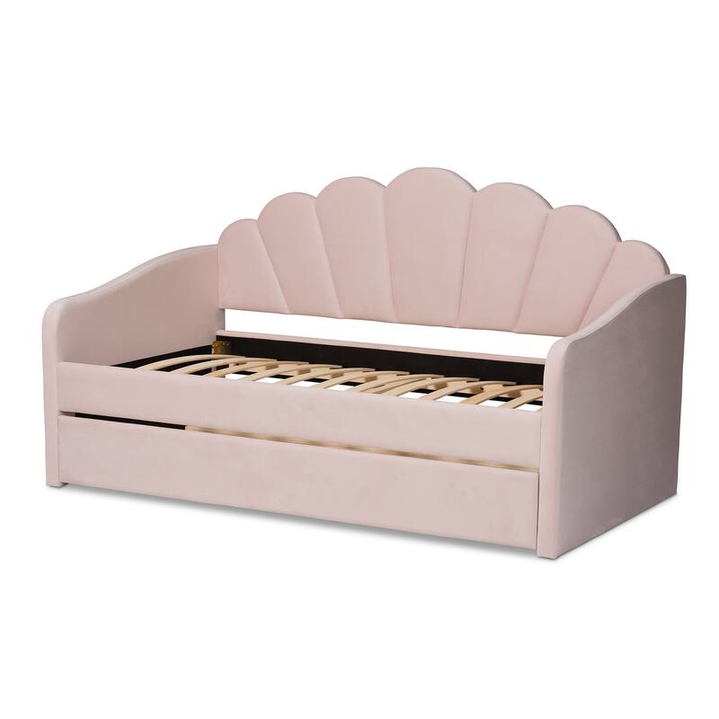 Velvet Daybed with Trundle - Twin Size Upholstered Daybed - Light Pink Fabric Daybed for Bedroom
