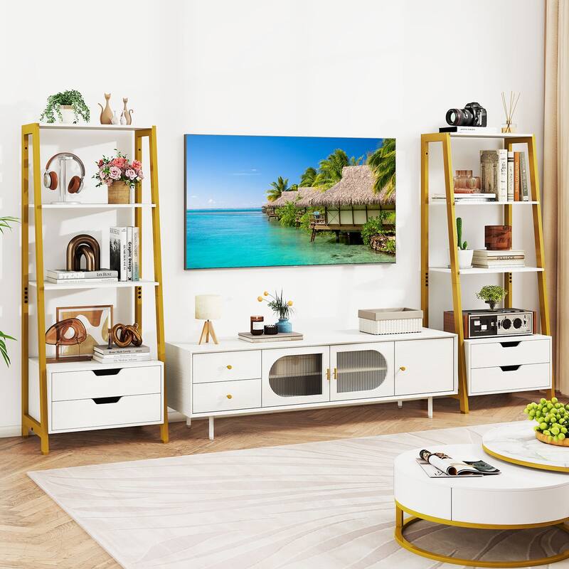 Gymax 2PCS Bookshelf w/ 2 Storage Drawers Sturdy Metal Frame
