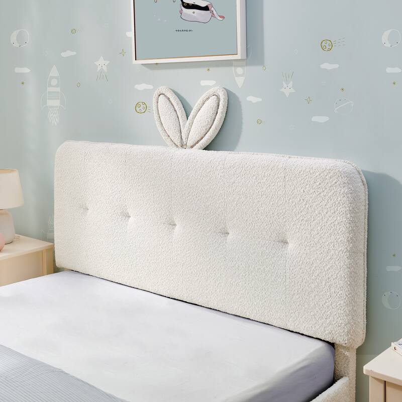 Kids Boucle Upholstered Bed with Rabbit Ear Headboard, LED Music Sync & 4 Drawers